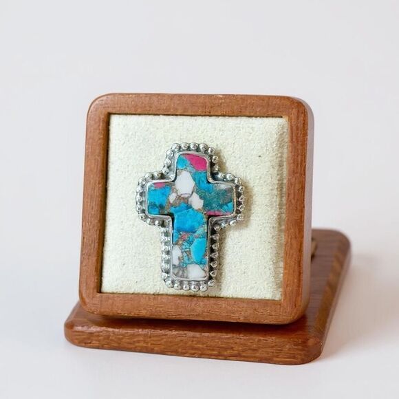 Large Cotton Candy Turquoise Cross Western Statement Ring Sterling Silver Sz 6 - Picture 6 of 6